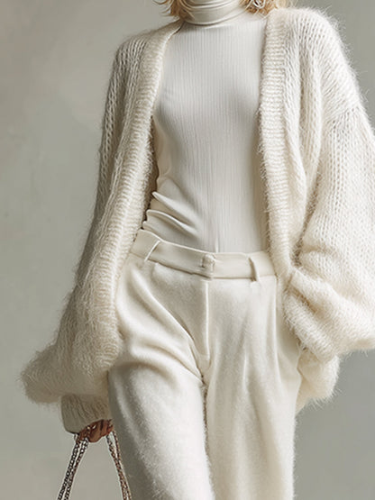 Ensemble Élégant en Laine Tricotée : Cardigan Long Minimaliste et Pantalon à Jambes Large