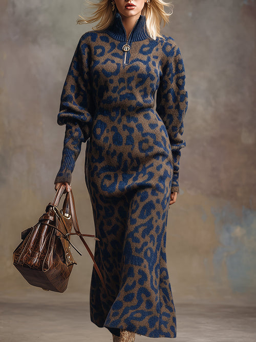 Robe Maxi Tricotée Imprimée Léopard Bleu et Marron - Style Ample et Élégant