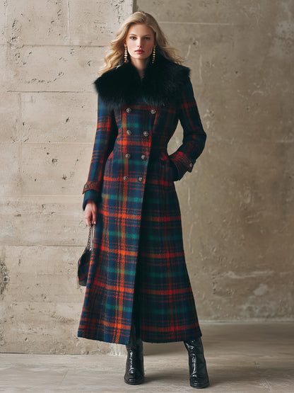 Veste Longue en Laine à Motifs Carreaux avec Col en Fourrure Synthétique – Chic Rétro et Tendance