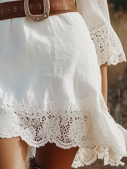 Robe en Lin Blanc pour Femme - Mi-Longue avec Détails en Dentelle et Col en V - Expédition Rapide sous 24 Heures
