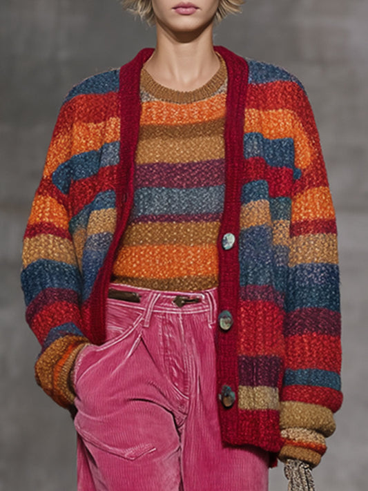 Cardigan Retro en Tricot à Rayures Arc-en-Ciel avec Boutons