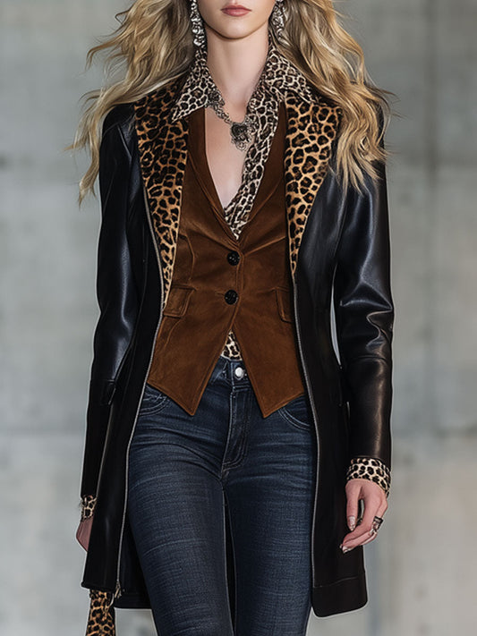 Veste en PU Noir avec Fermeture Éclair et Revers en Velours Léopard Vintage