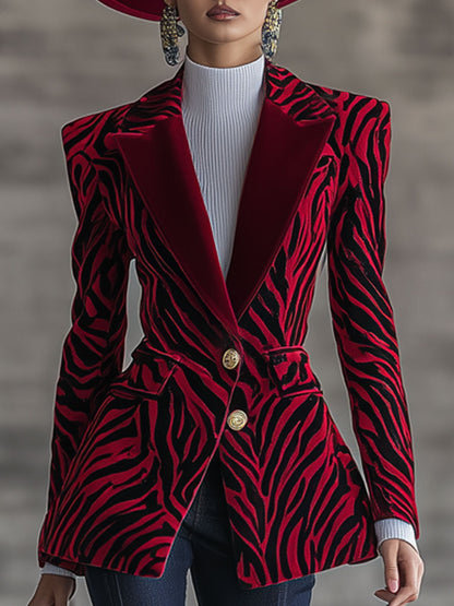 Veste en Velours Rouge à Motif Zèbre - Chic Nomade Urbain Rétro
