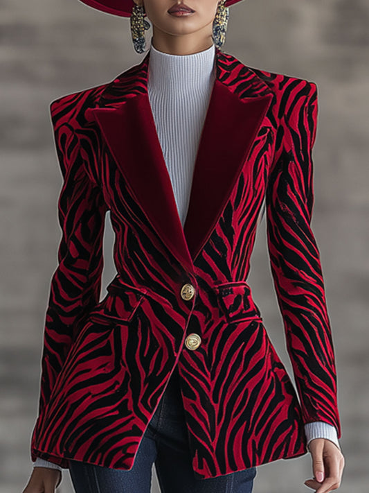 Veste en Velours Rouge à Motif Zèbre - Chic Nomade Urbain Rétro