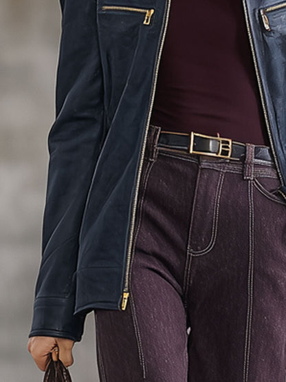 Veste zippée en simili cuir vintage bleu marine
