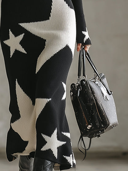 Robe Maxi Tricotée Noire à Demi-Zip avec Étoiles Éclatantes de Fashion Street