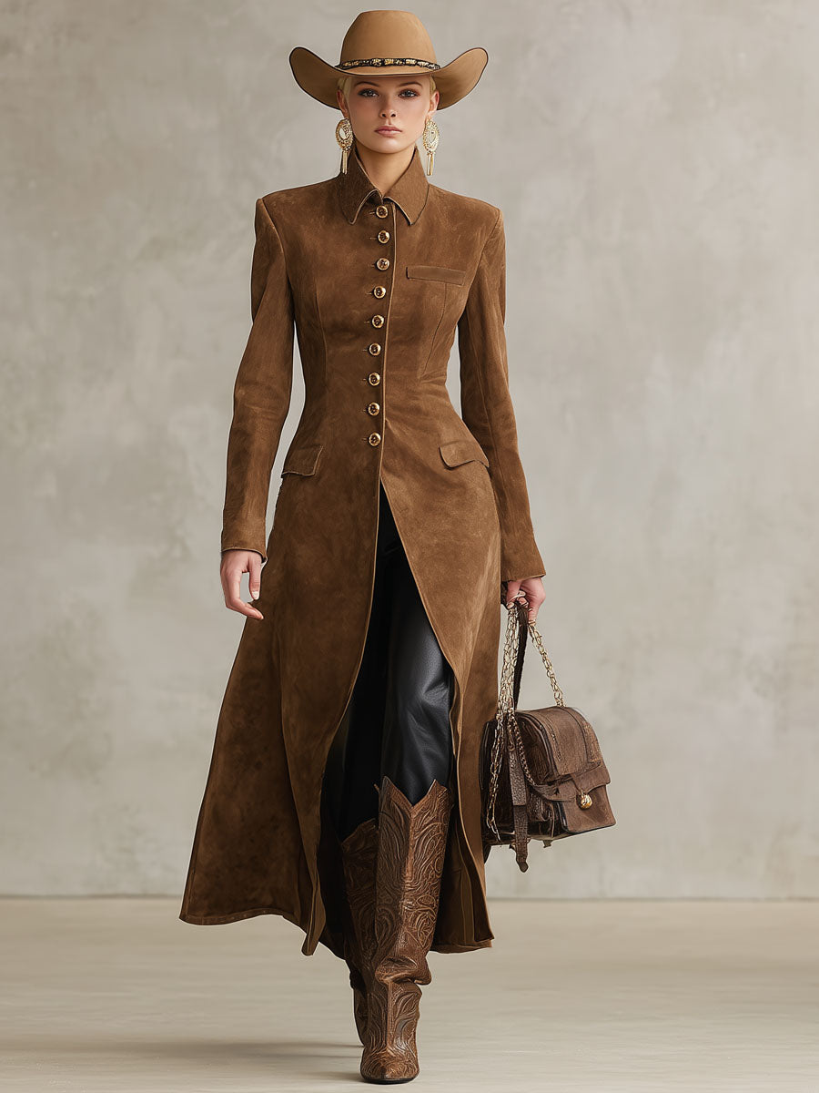 Veste Western en Faux Daim avec Revers et Boutonnage Simple