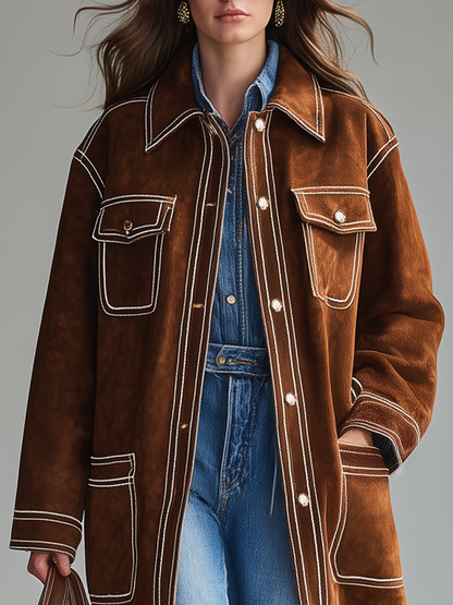 Veste en faux suède à poches multiples avec revers western rétro