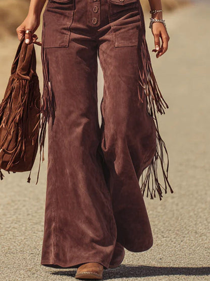 Salopette Oversize en Micro-Suède Marron avec Franges et Poches Pratiques