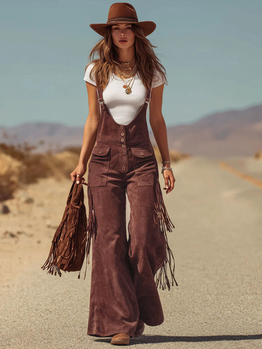 Salopette Oversize en Micro-Suède Marron avec Franges et Poches Pratiques