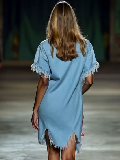 Chemise Décontractée en Denim Vintage à Manches Courtes - Robe Mini à Franges, Expédition 24h