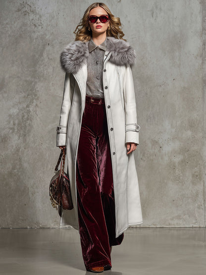 Veste Longue en Simili Cuir Blanc avec Col en Fourrure Vintage Chic