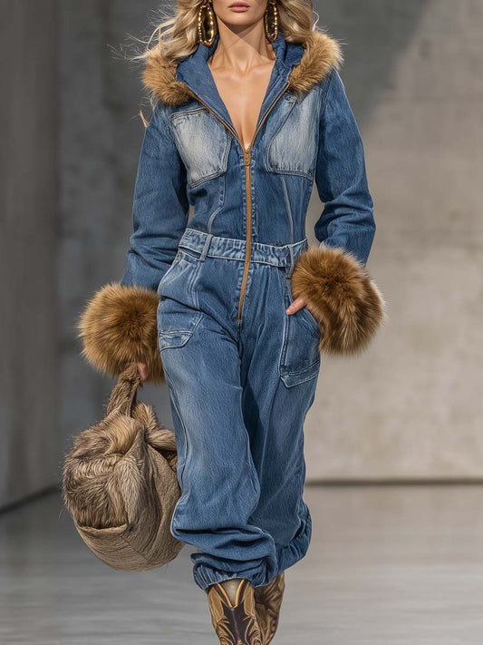 Salopette en Jean Bleu Vintage Wild West avec Capuche et Manches en Éco-Fourrure