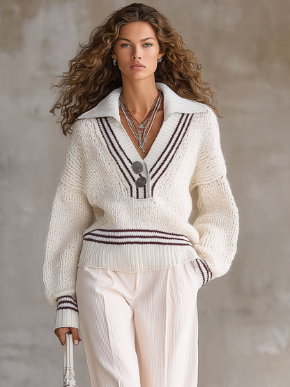 Pull en tricot à col V avec boutons - Style décontracté