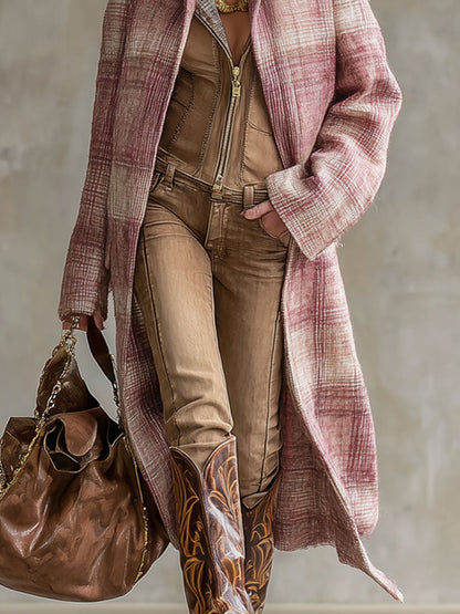 Veste en Laine à Motif Carreaux Roses avec Poches Doubles et Revers Élégants