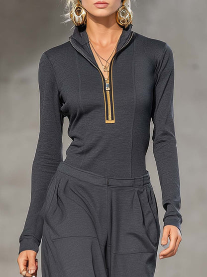 Ensemble Sportif Rétro Décontracté Gris Foncé : Haut Zippé à Col Montant et Pantalons Amples à Manches Longues