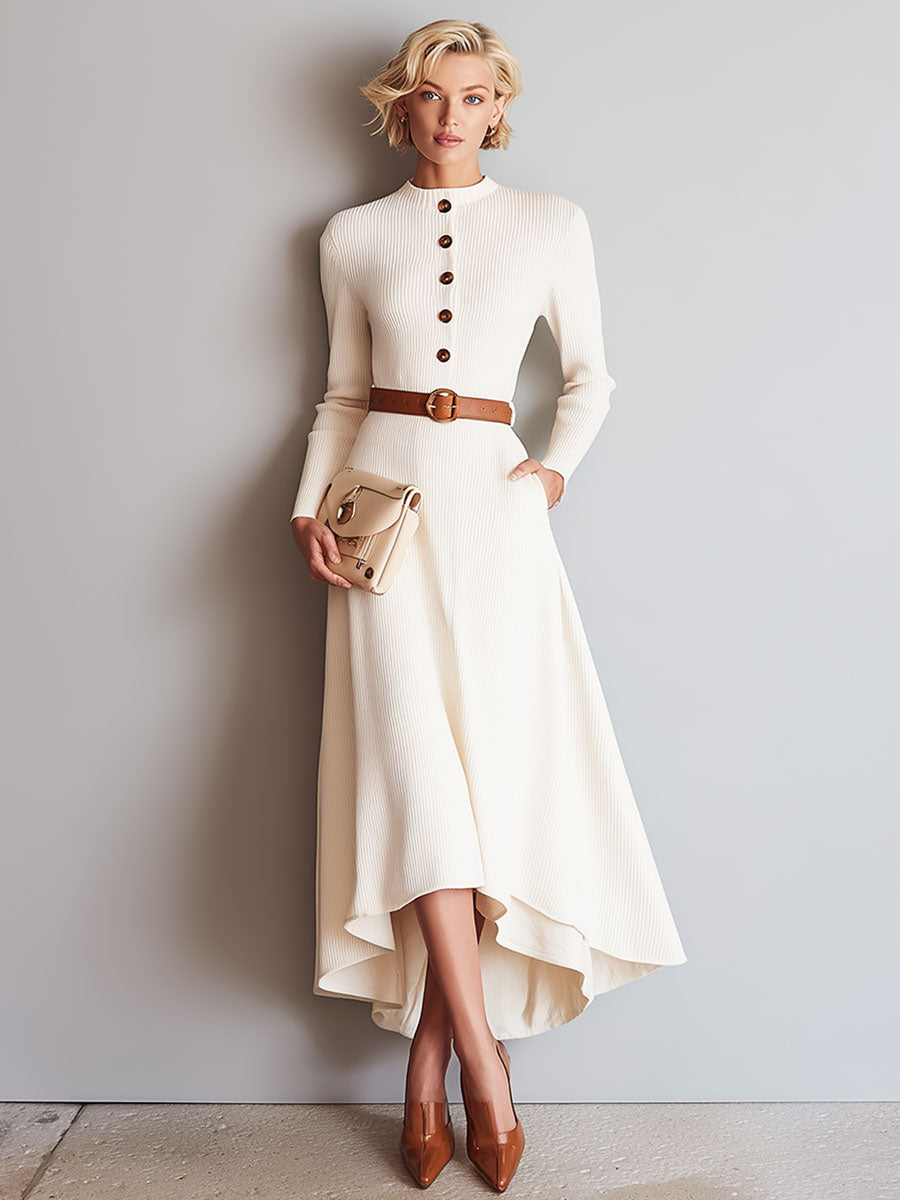 Ample Vintage Beige Knitted Midi Button-Up Dress