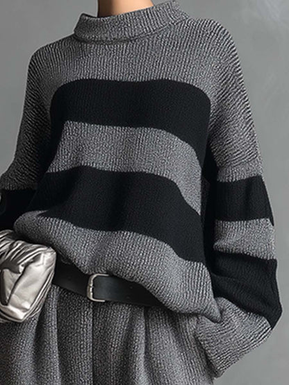 Ensemble Élégant en Tricot à Rayures Grises avec Pantalon Large - Confort et Style Assurés
