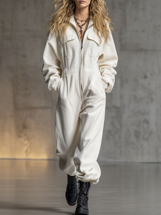 Combinaison Zippée en Polaire Blanche : Élégance Décontractée pour un Style Tendance
