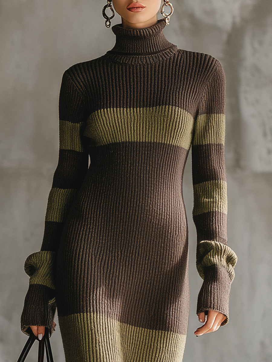Robe Midi Tricotée Retro à Col Montant en Teintes Brun et Vert