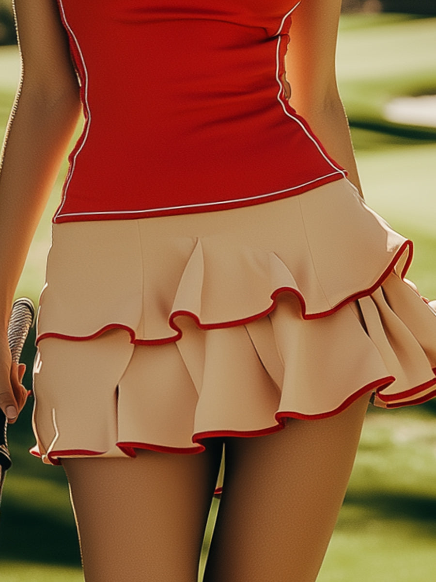 Robe Mini Golf Rouge sans Manches avec Volants Romantiques - Livraison en 24 Heures !