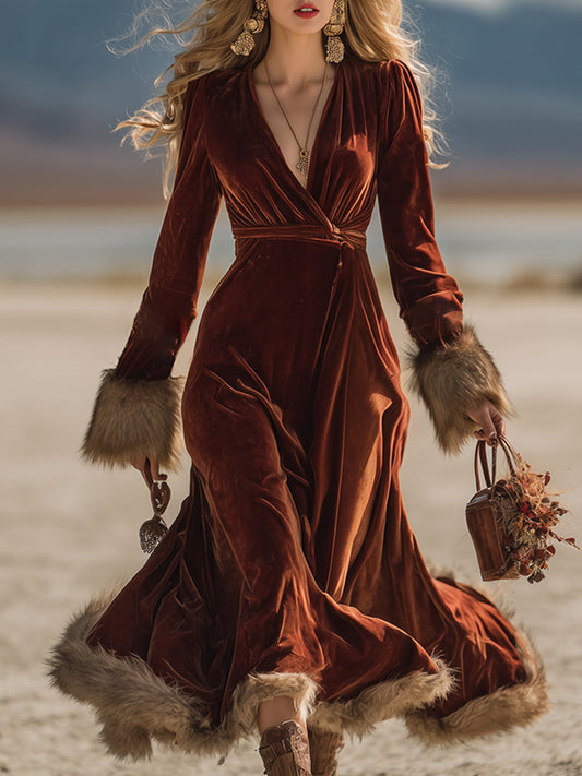 Robe Maxi Vintage Western en Velours Caramel avec Épaules en Fausse Fourrure et Manches Longues
