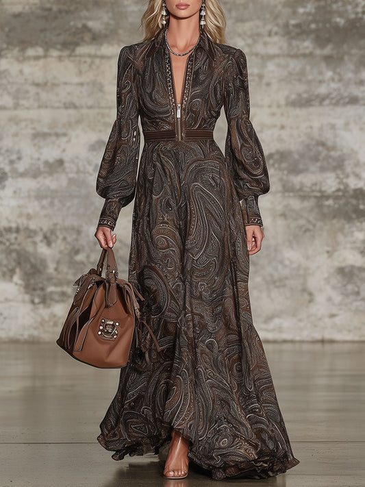 Robe Maxi Zippée au Motif Paisley Vintage