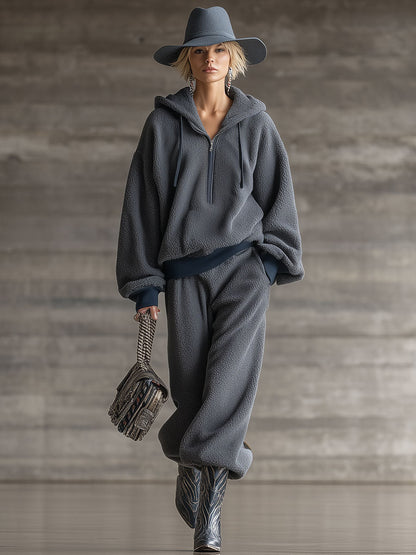Ensemble Sportif Vintage en Polaire Grise à Demi-Zip
