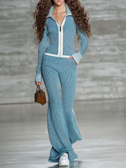 Ensemble Chic en Maille : Haut à Manches Longues avec Zip Rétro et Pantalon Évasé