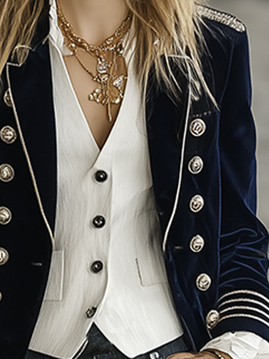 Veste de Costume Rétro en Velours Bleu Foncé à Double Boutonnage