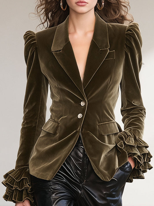 Blazer en Velours Uni à Revers avec Volants et Boutonnage Élégant