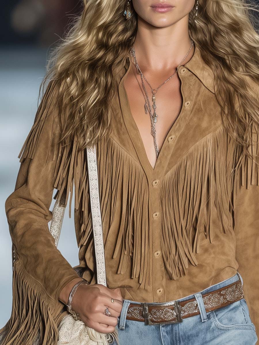 Chemise Western Vintage en Suède Marron Clair à Boutons et Franges - Élégance Décontractée à Manches Longues