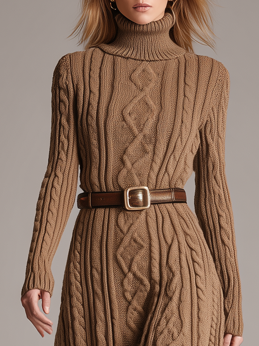 Robe Maxi Vintage en Tricot Torsadé avec Col Roulé et Manches Longues