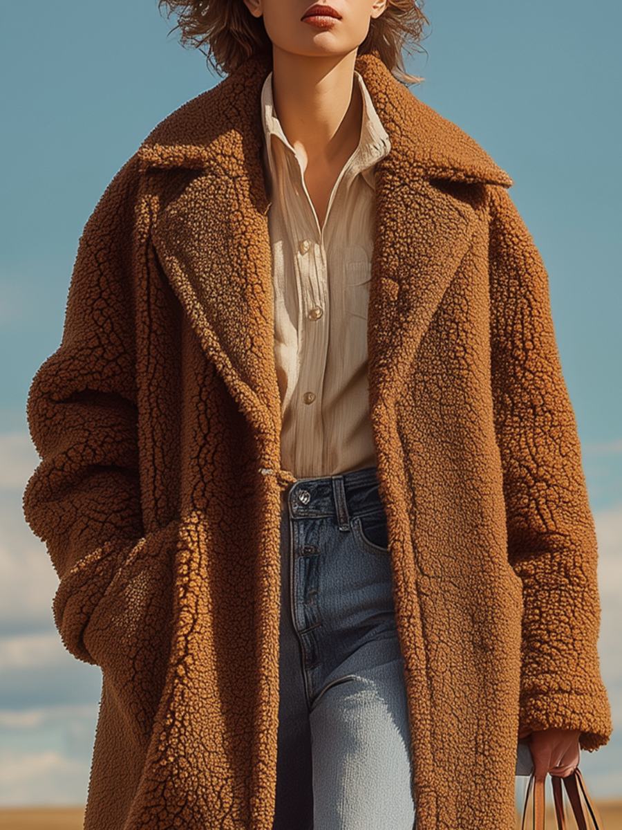 Veste Longue Oversized en Sherpa à Revers - Élégance Rétro Unie