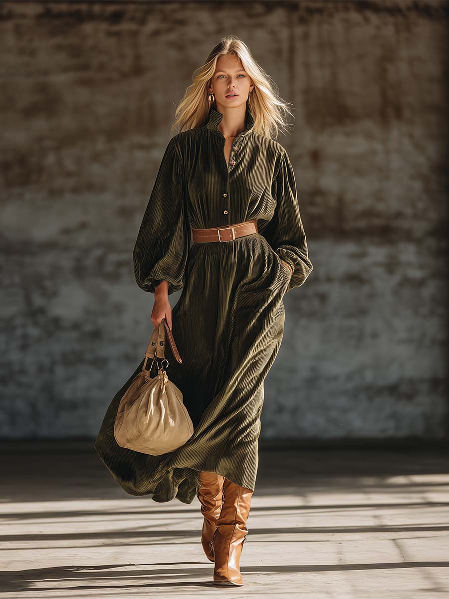 Robe Maxi Vintage en Velours Texturé Vert Armée