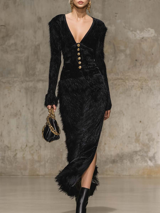 Robe Maxi Élégante au Col V Rétro avec Boucle Métallique, Épaules en Velours Noir et Ourlet en Fourrure Synthétique
