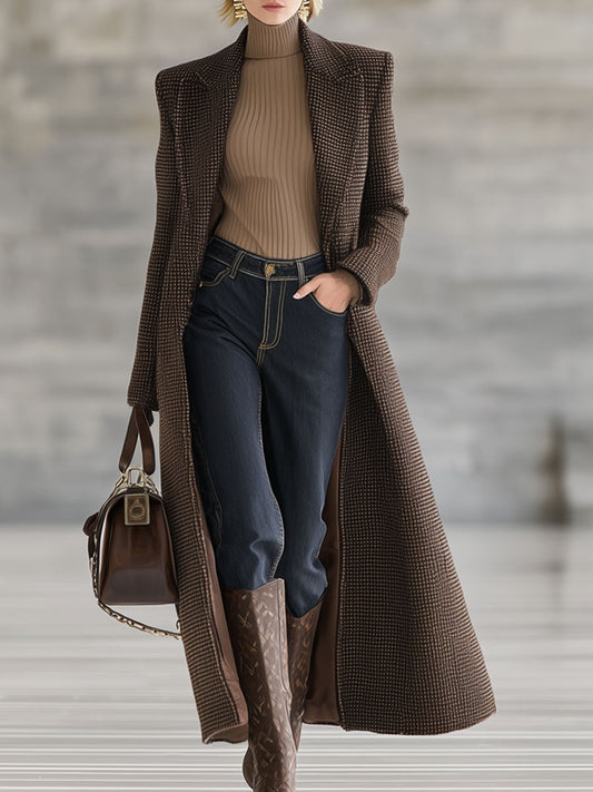 Long Houndstooth Check Wool Coat in Retro Brown