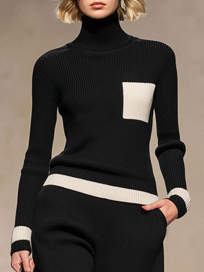 Ensemble Tricoté Chic : Pull Col Roulé Contrasté et Pantalons Évasés