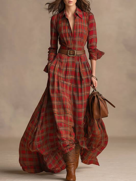 Robe Maxi Vintage à Manches Longues à Motif Carreaux avec Col Élégant
