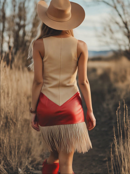 Expédition Rapide en 24h : Robe Mini Élégante Sans Manches au Style Rétro Western avec Franges Contrastées