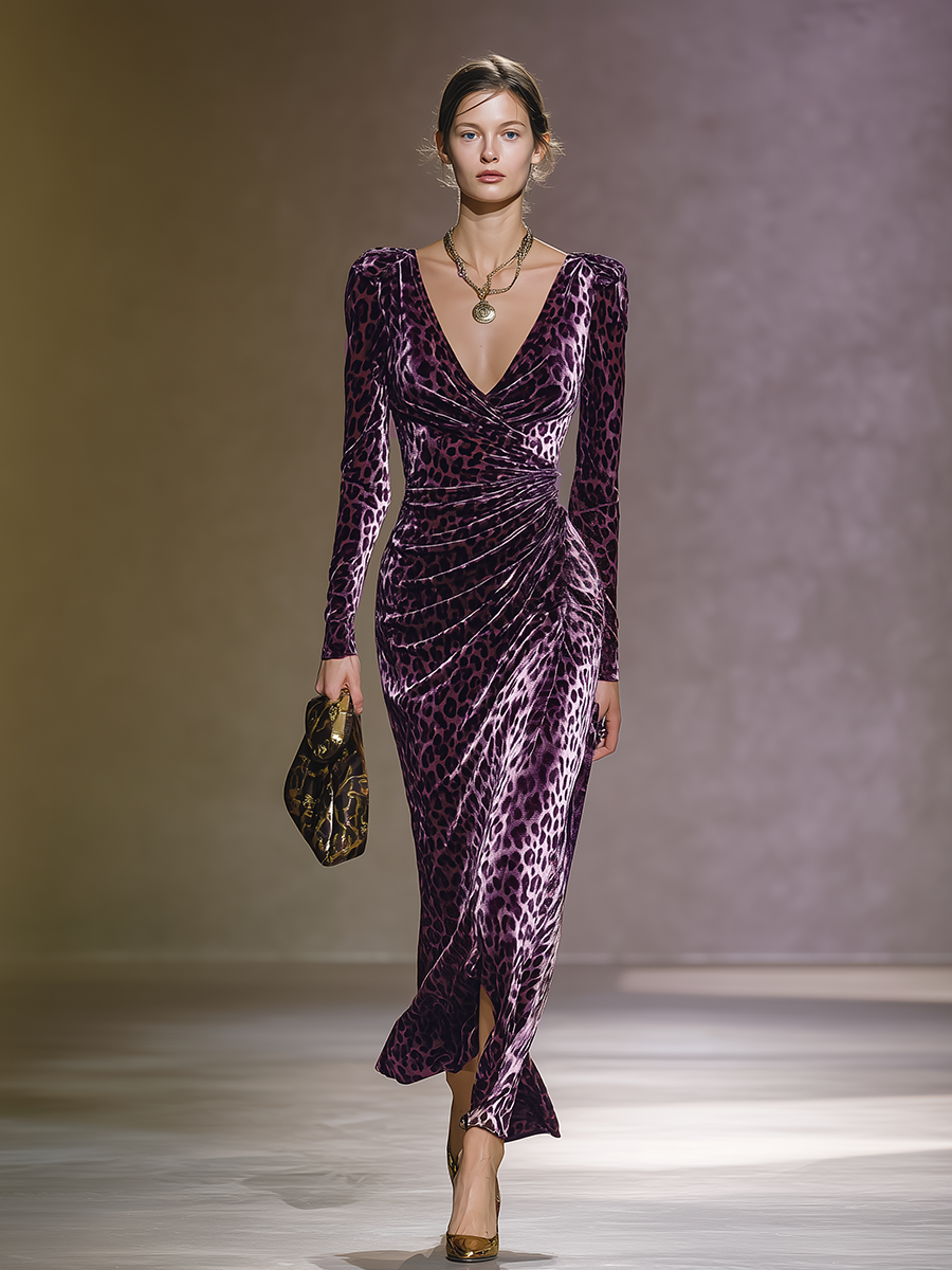 Robe Maxi Velours Léopard Rétro Élégante avec Col V et Manches Longues
