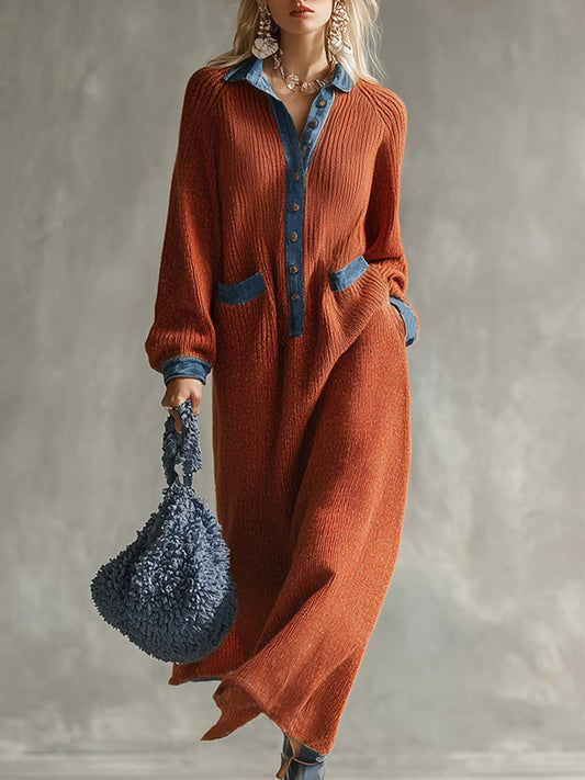 Robe Maxi Tricotée Orange au Style Décontracté avec Finitions en Denim