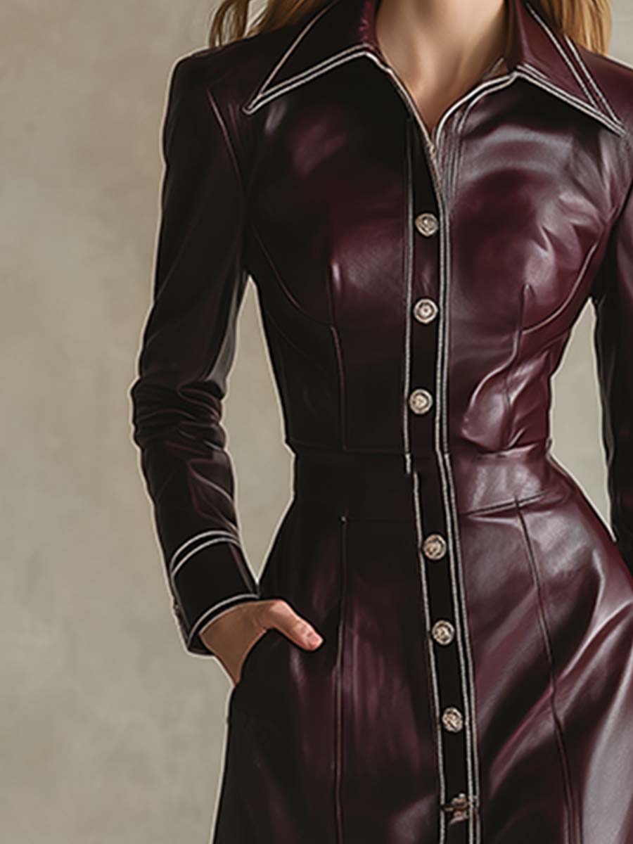 Robe Maxi Élégante en PU Rouge Vin avec Col et Boutonnage Avant