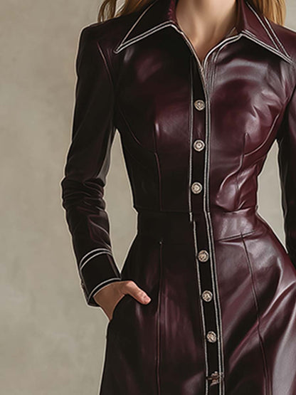Robe Maxi Élégante en PU Rouge Vin avec Col et Boutonnage Avant