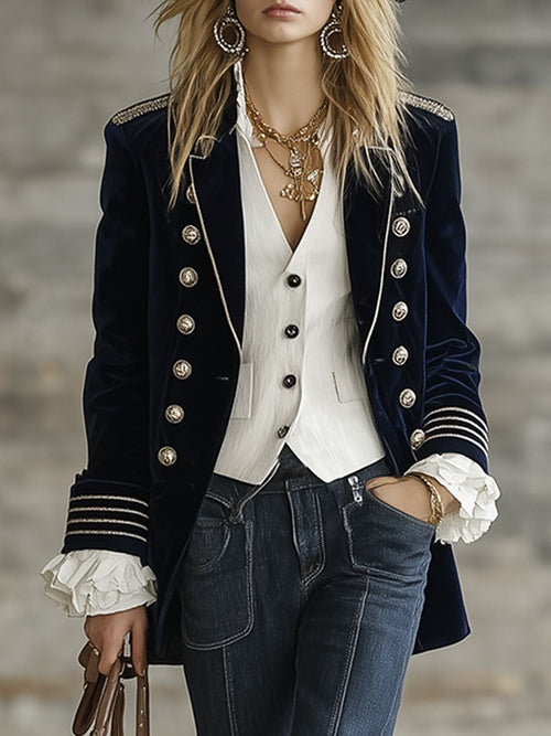 Veste de Costume Rétro en Velours Bleu Foncé à Double Boutonnage