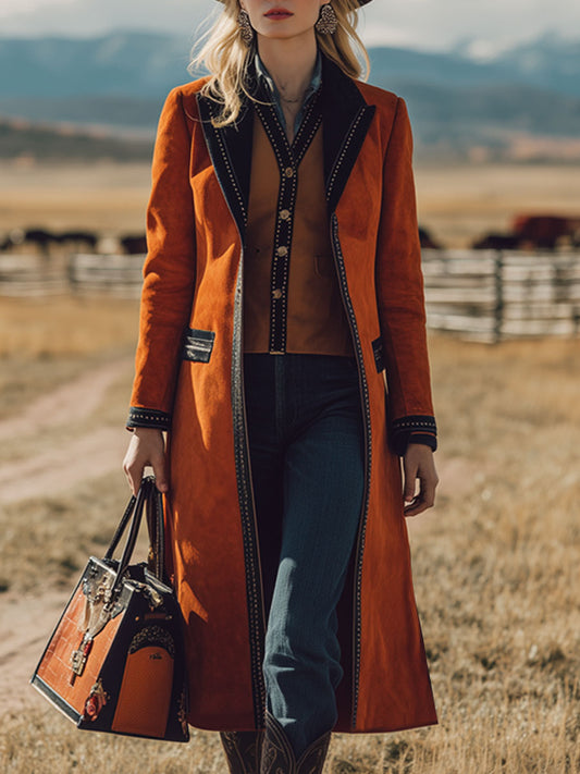 Veste en Faux Suède Orange Nomade au Style Western Rétro avec Détails Noirs
