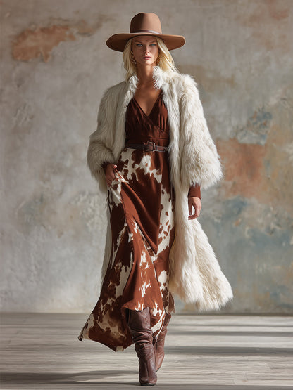 Veste Midi en Fausse Fourrure Blanche - Élégance Rétro Western