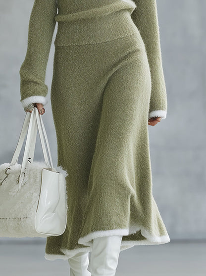 Ensemble Rétro : Jupe et Pull Tricoté en Laine Vert Clair