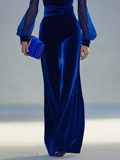 Élégante Combinaison Vintage en Velours Bleu Royal avec Manches Longues et Décolleté en V
