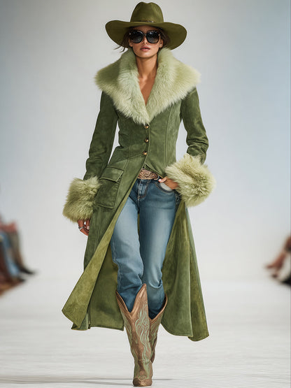 Veste Vintage en Suède Synthétique Verte avec Col en Fausse Fourrure